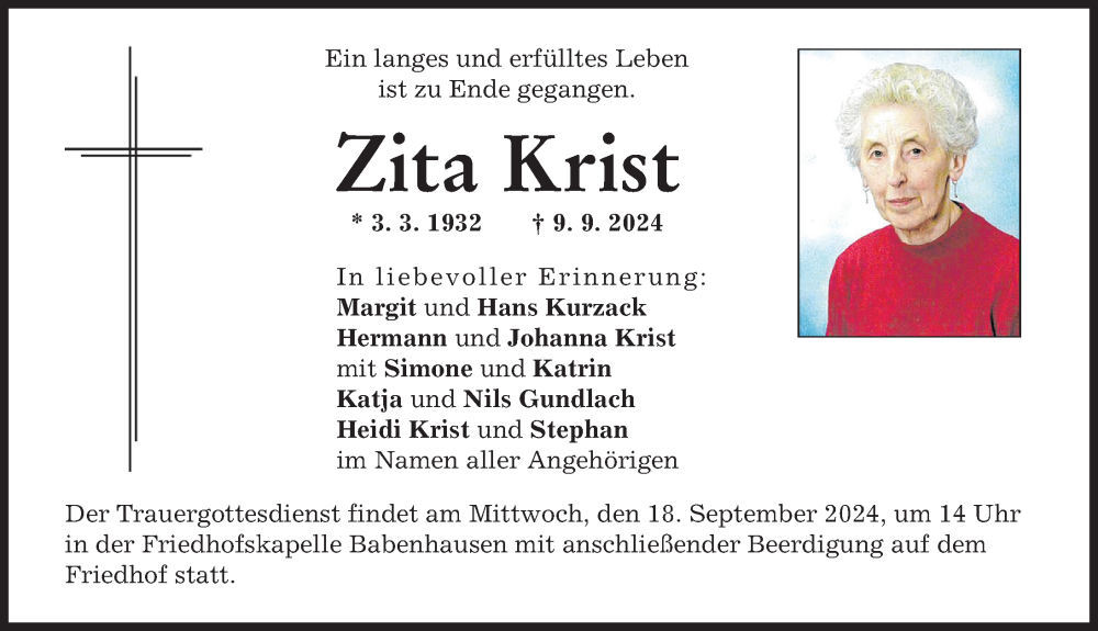 Traueranzeige von Zita Krist von Illertisser Zeitung