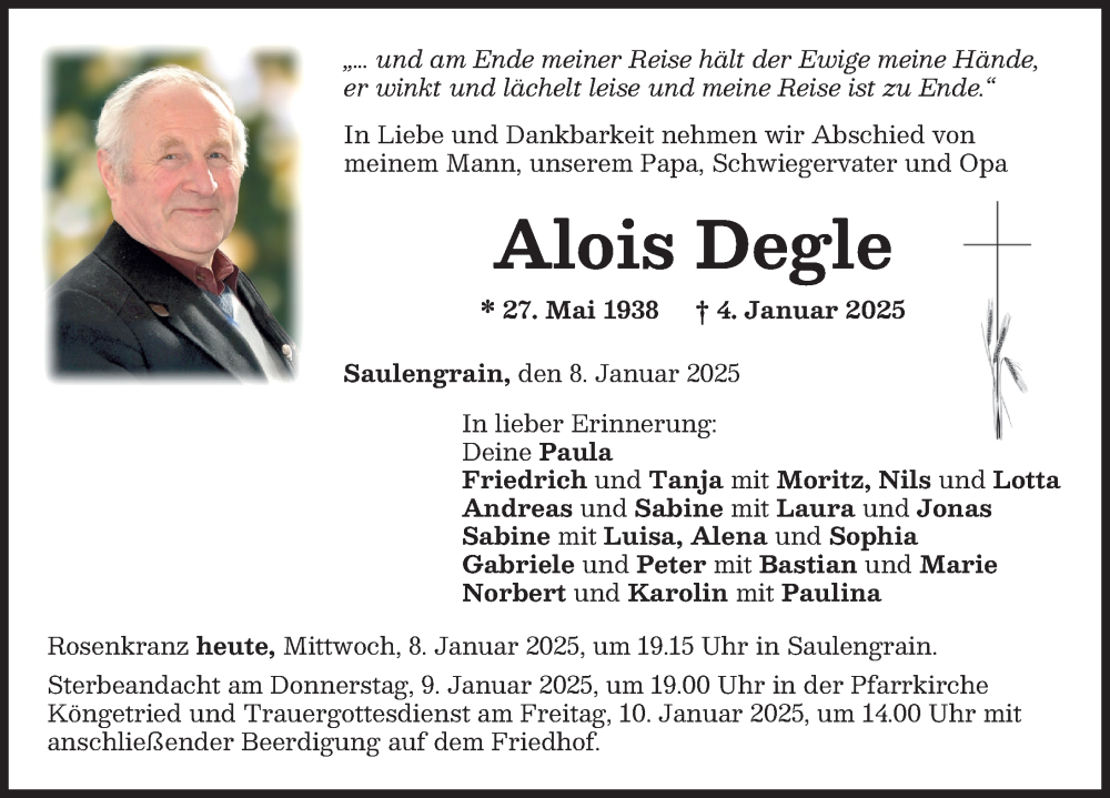 Traueranzeige von Alois Degle von Mindelheimer Zeitung