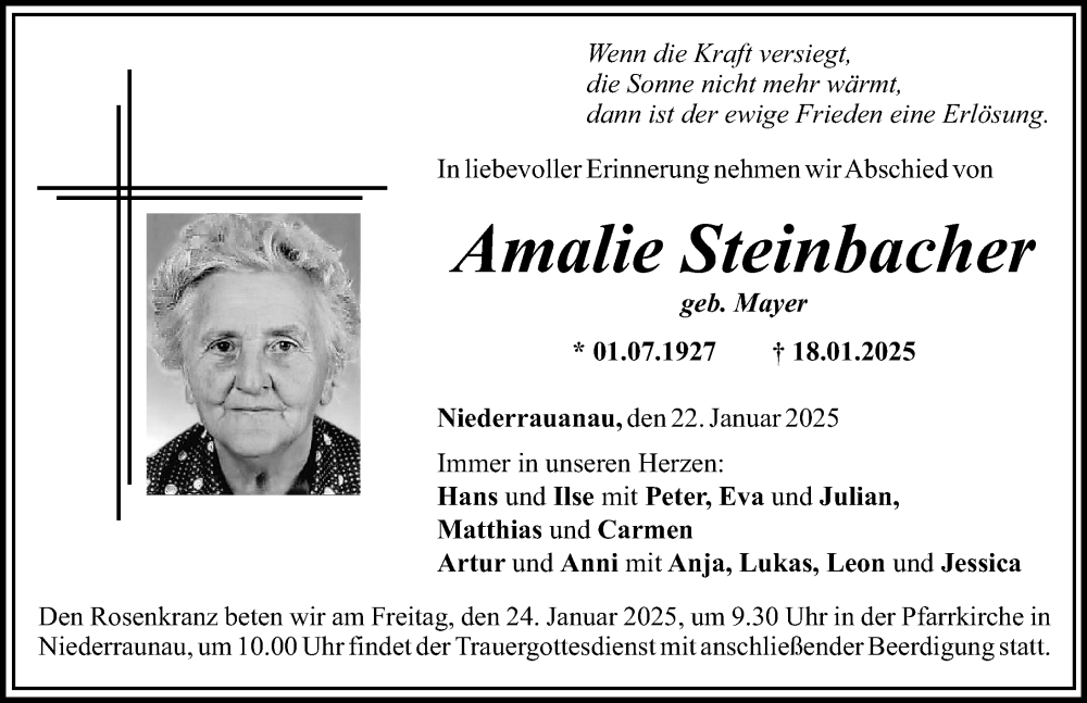 Traueranzeige von Amalie Steinbacher von Mittelschwäbische Nachrichten