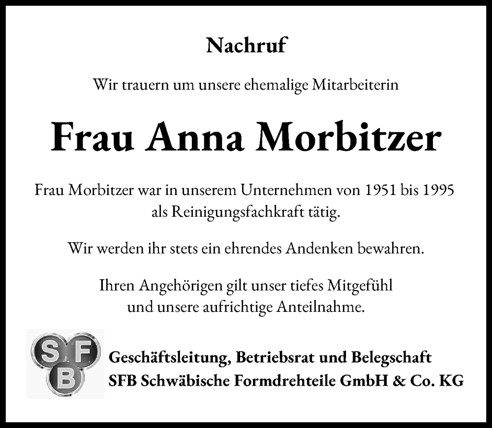 Traueranzeige von Anna Morbitzer von Illertisser Zeitung