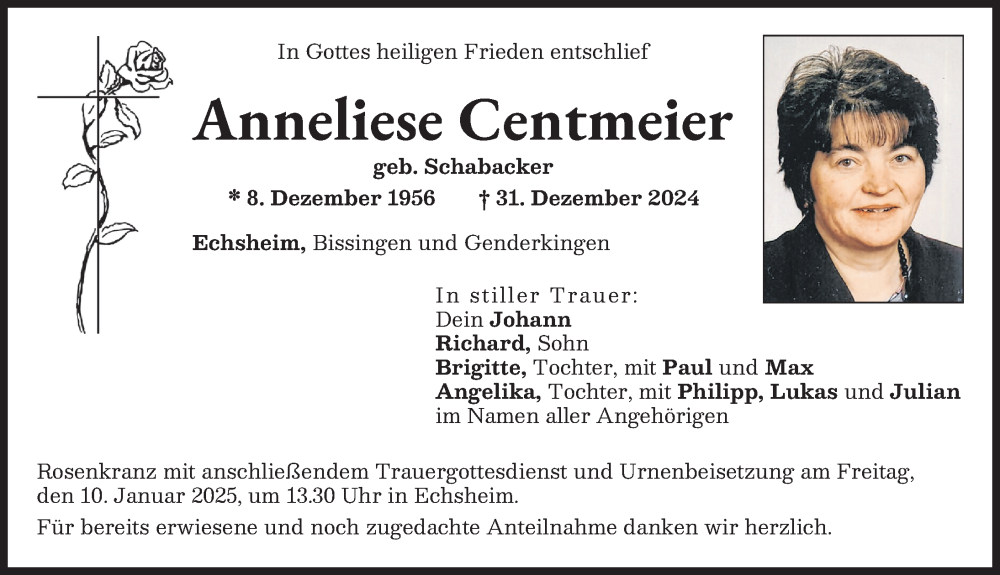 Traueranzeige von Anneliese Centmeier von Aichacher Nachrichten