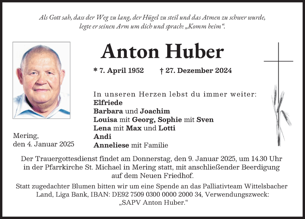 Traueranzeige von Anton Huber von Friedberger Allgemeine