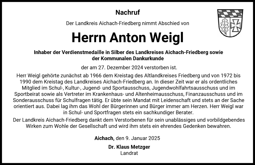 Traueranzeige von Anton Weigl von Friedberger Allgemeine, Aichacher Nachrichten