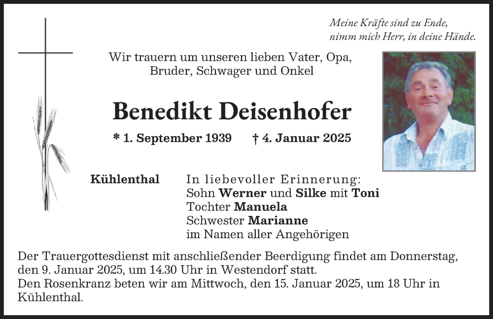 Traueranzeige von Benedikt Deisenhofer von Augsburg-Land