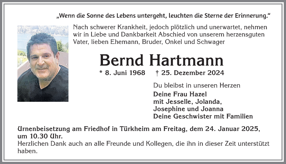 Traueranzeige von Bernd Hartmann von Mindelheimer Zeitung