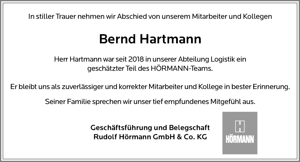 Traueranzeige von Bernd Hartmann von Mindelheimer Zeitung