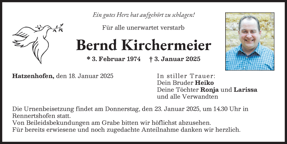 Traueranzeige von Bernd Kirchermeier von Neuburger Rundschau