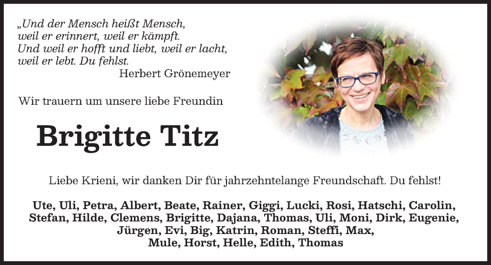 Traueranzeige von Brigitte Titz von Mindelheimer Zeitung