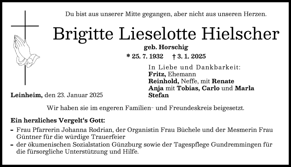 Traueranzeige von Brigitte Lieselotte Hielscher von Günzburger Zeitung