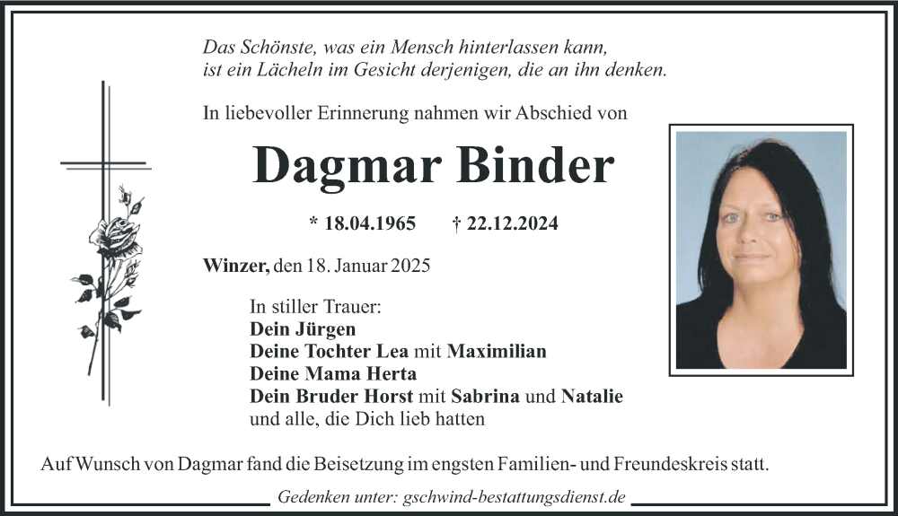 Traueranzeige von Dagmar Binder von Mindelheimer Zeitung, Mittelschwäbische Nachrichten