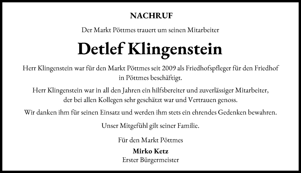 Traueranzeige von Detlef Klingenstein von Aichacher Nachrichten