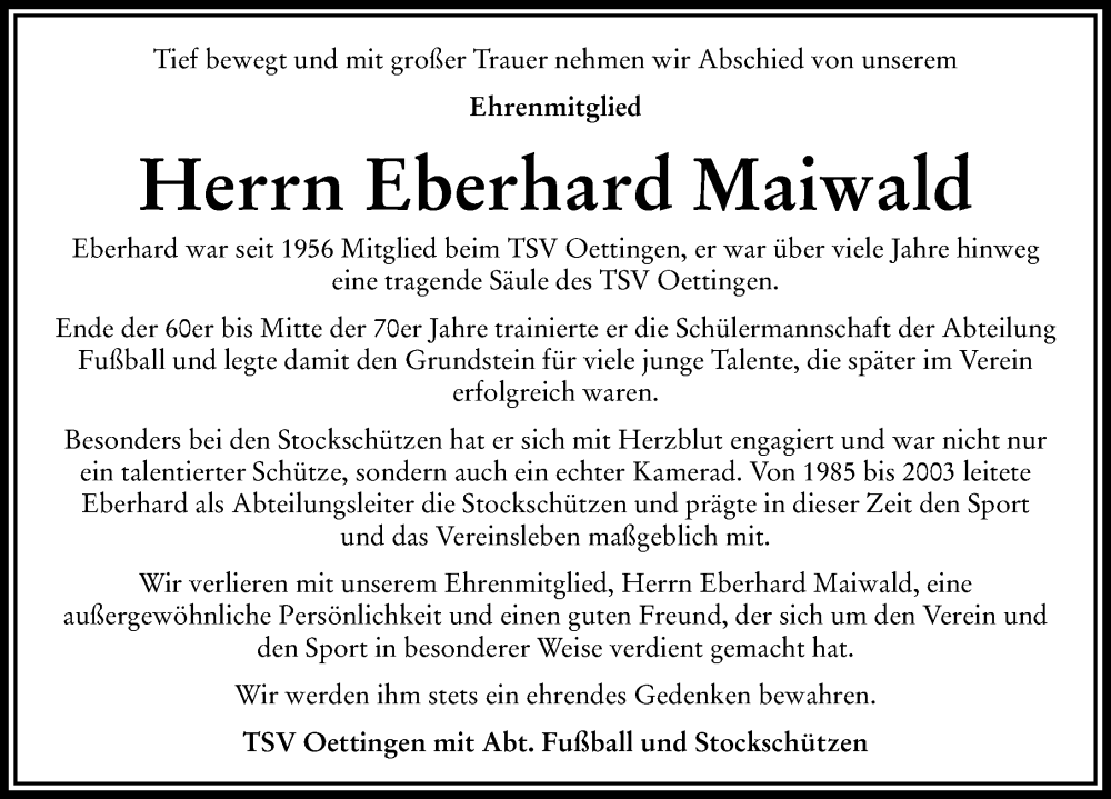 Traueranzeige von Eberhard Maiwald von Rieser Nachrichten