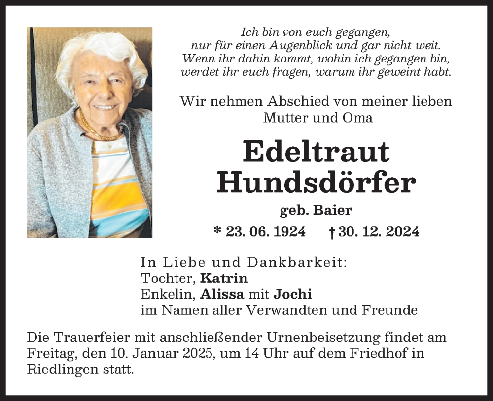 Traueranzeige von Edeltraut Hundsdörfer von Donauwörther Zeitung