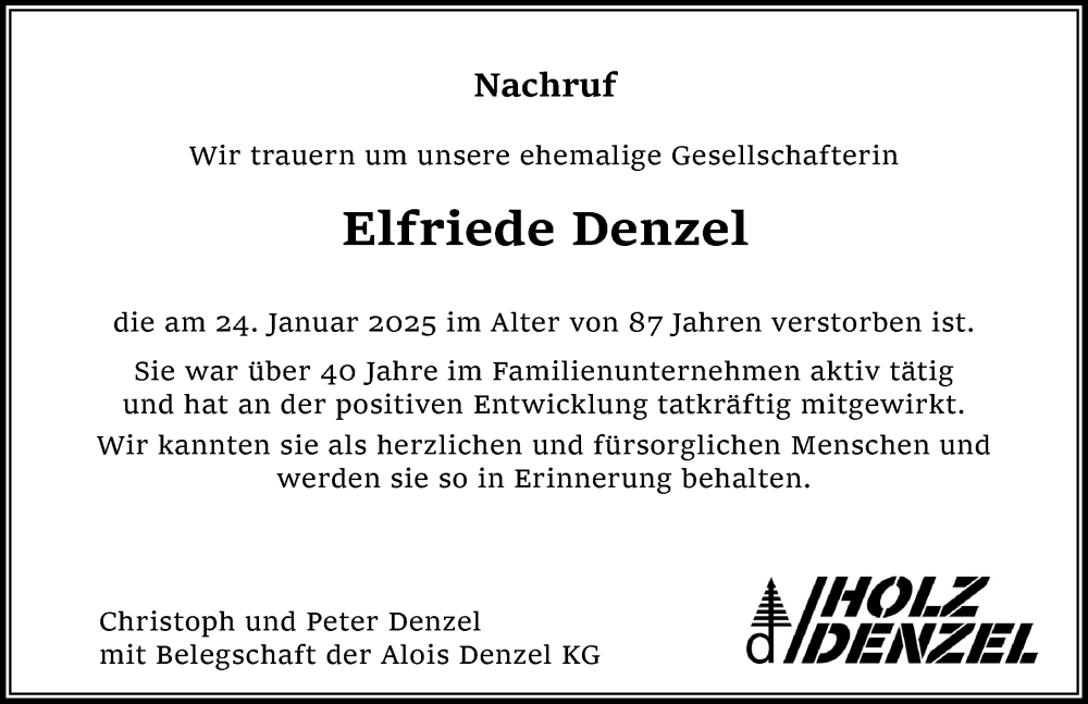 Traueranzeige von Elfriede Denzel von Donau Zeitung, Donauwörther Zeitung, Wertinger Zeitung