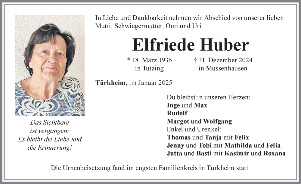 Traueranzeige von Elfriede Huber von Mindelheimer Zeitung