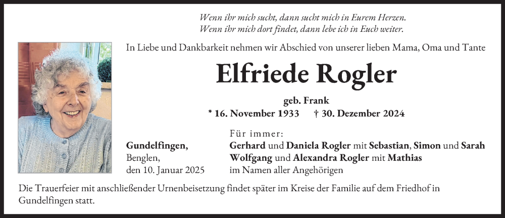 Traueranzeige von Elfriede Rogler von Donau Zeitung