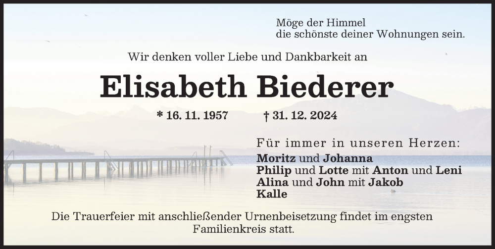 Traueranzeige von Elisabeth Biederer von Ammersee Kurier