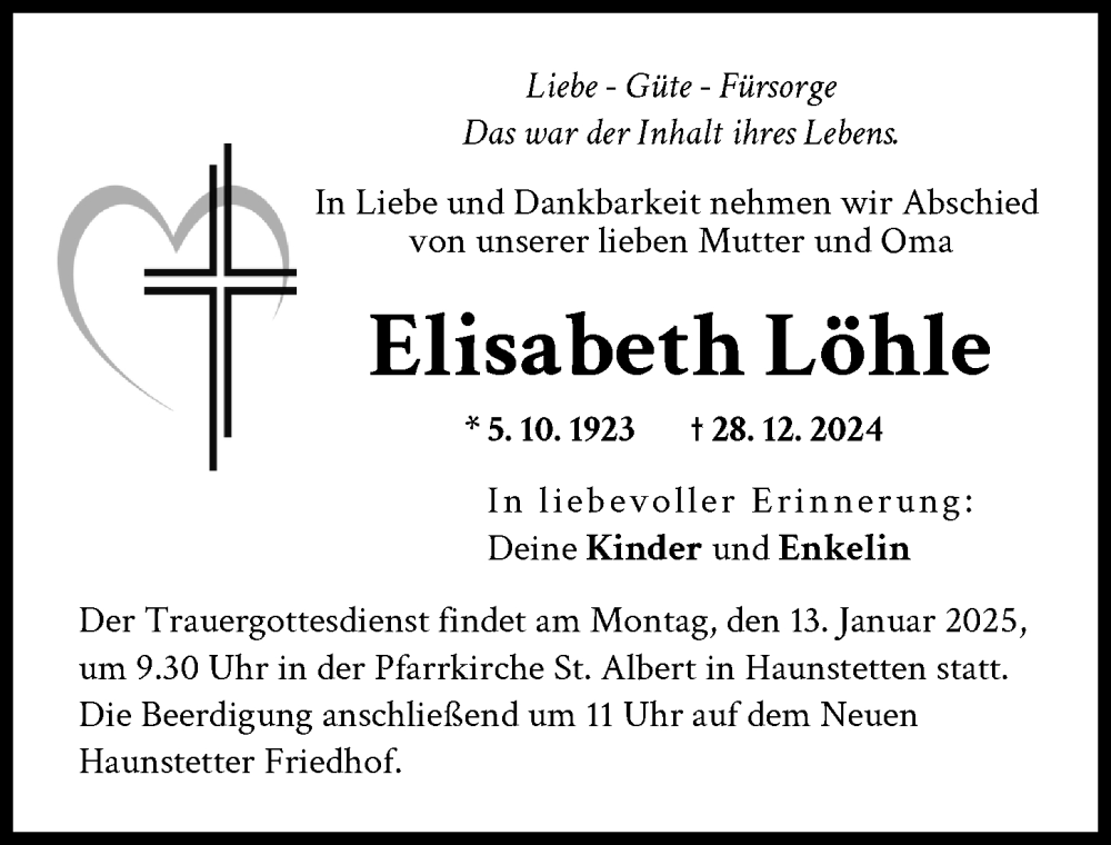 Traueranzeige von Elisabeth Löhle von Augsburger Allgemeine