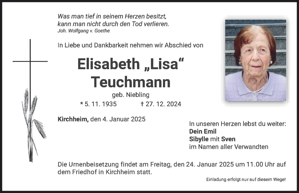 Traueranzeige von Elisabeth Teuchmann von Mindelheimer Zeitung