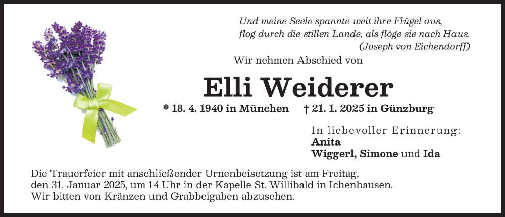 Traueranzeige von Elli Weiderer von Günzburger Zeitung