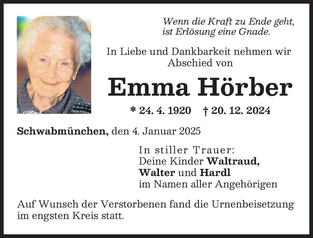 Traueranzeige von Emma Hörber von Schwabmünchner Allgemeine