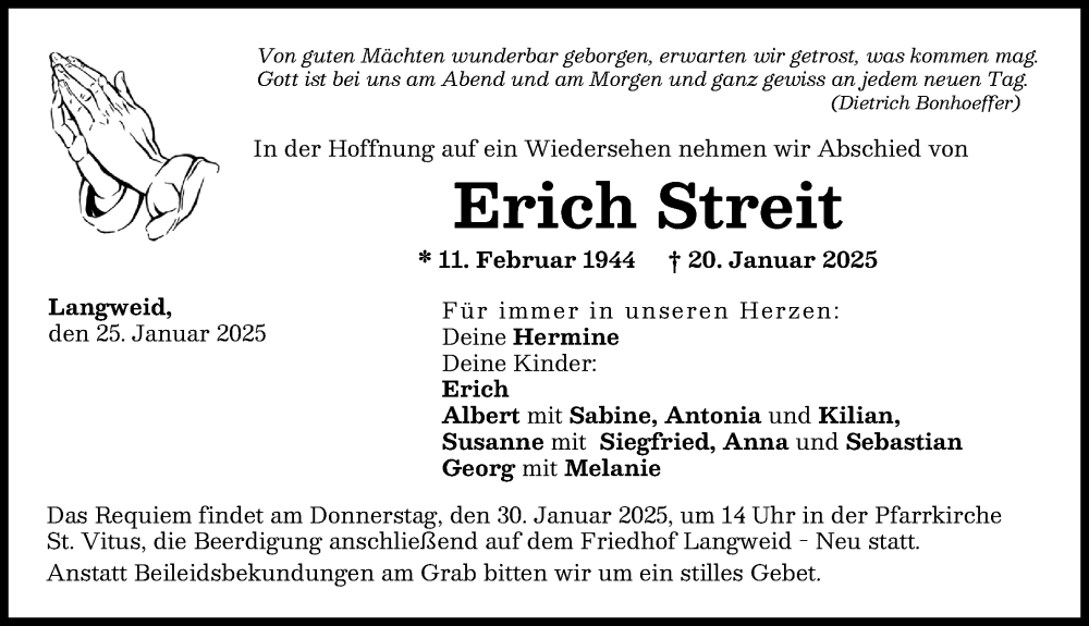 Traueranzeige von Erich Streit von Augsburger Allgemeine