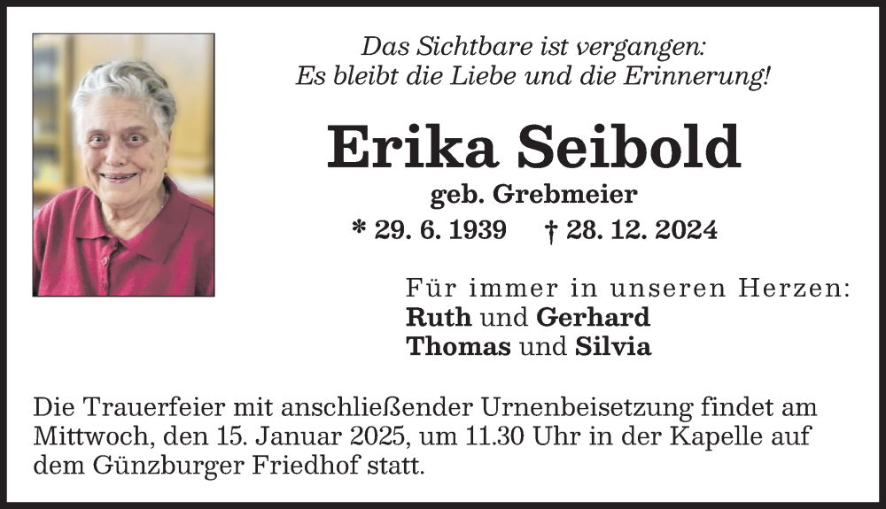 Traueranzeige von Erika Seibold von Günzburger Zeitung