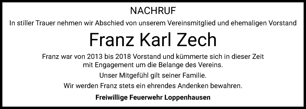 Traueranzeige von Franz Karl Zech von Mindelheimer Zeitung