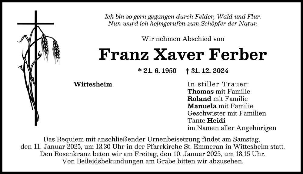 Traueranzeige von Franz Xaver Ferber von Donauwörther Zeitung