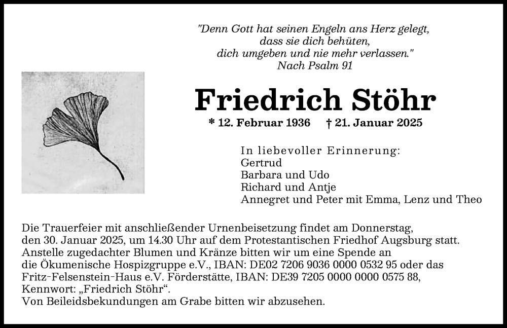 Traueranzeige von Friedrich Stöhr von Augsburger Allgemeine