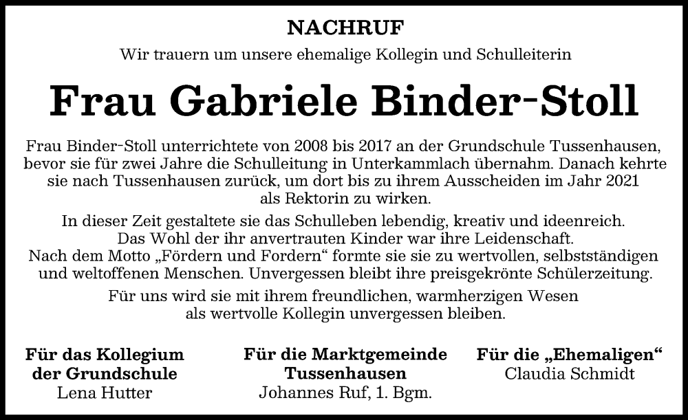 Traueranzeige von Gabriele  Binder-Stoll von Mindelheimer Zeitung