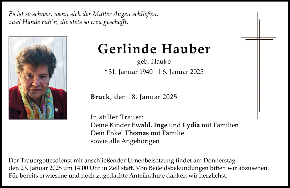 Traueranzeige von Gerlinde Hauber von Neuburger Rundschau