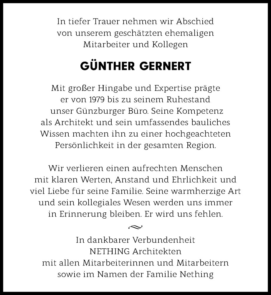 Traueranzeige von Günther Gernert von Günzburger Zeitung