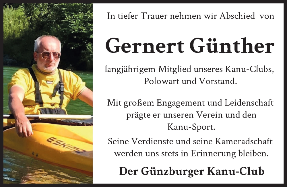 Traueranzeige von Günther Gernert von Günzburger Zeitung