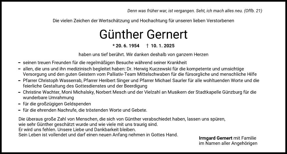 Traueranzeige von Günther Gernert von Günzburger Zeitung