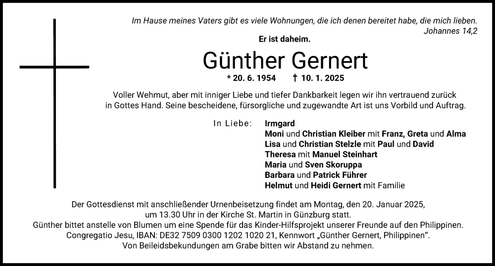 Traueranzeige von Günther Gernert von Günzburger Zeitung