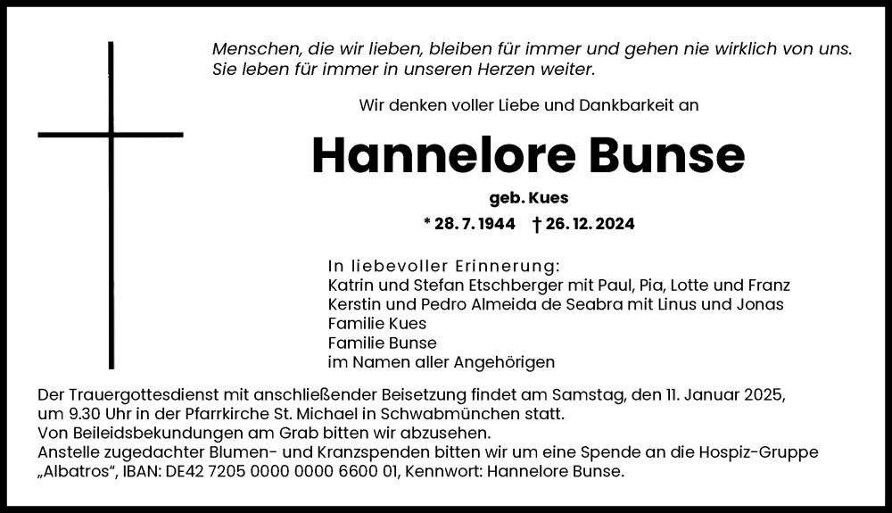 Traueranzeige von Hannelore Bunse von Schwabmünchner Allgemeine