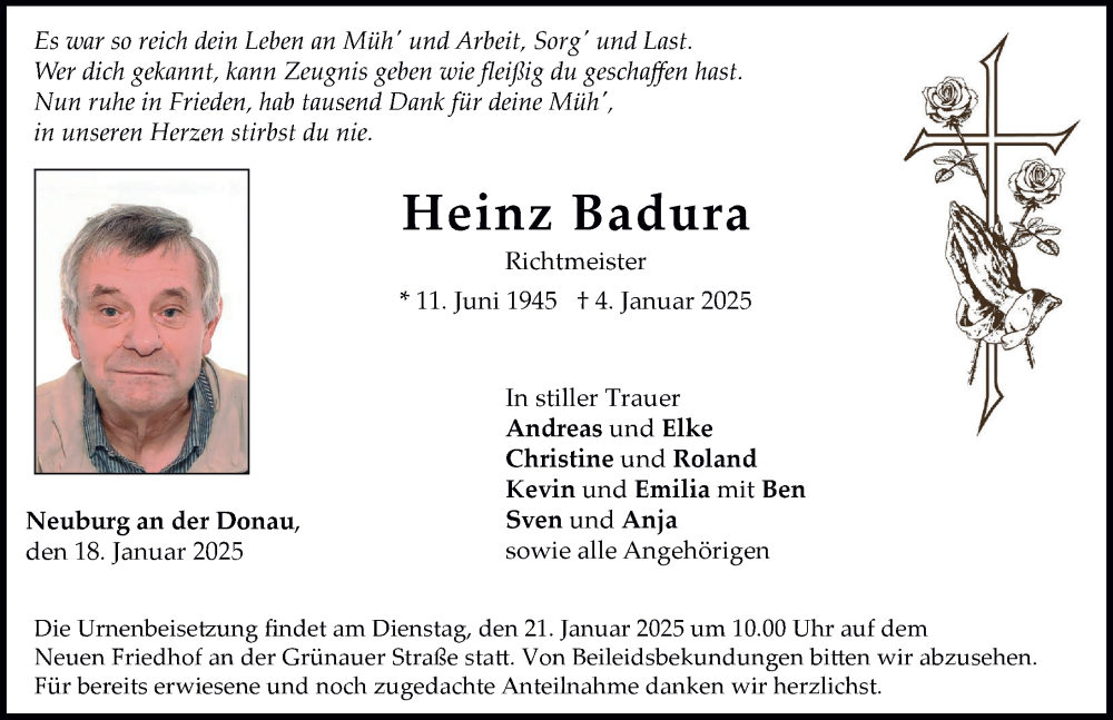 Traueranzeige von Heinz Badura von Neuburger Rundschau