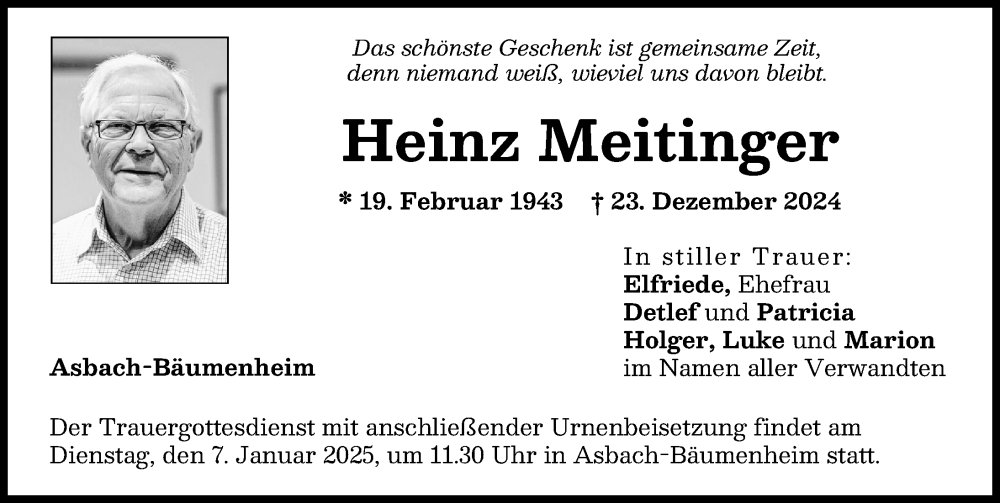 Traueranzeige von Heinz Meitinger von Donauwörther Zeitung