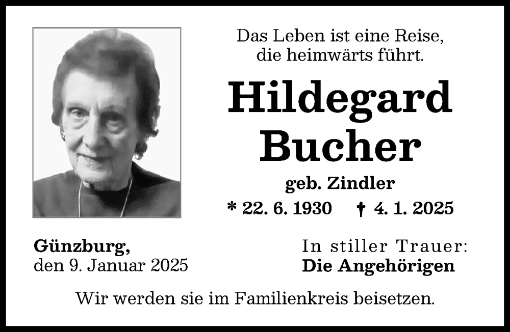 Traueranzeige von Hildegard Bucher von Günzburger Zeitung