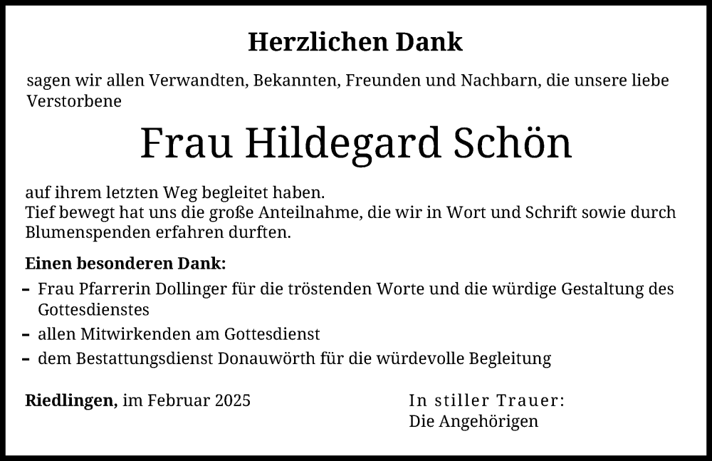Traueranzeige von Hildegard Schön von Donauwörther Zeitung