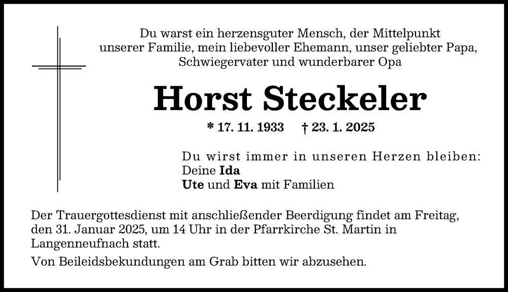 Traueranzeige von Horst Steckeler von Augsburg-Land, Schwabmünchner Allgemeine