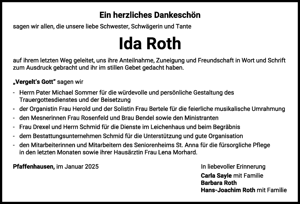 Traueranzeige von Ida Roth von Mindelheimer Zeitung