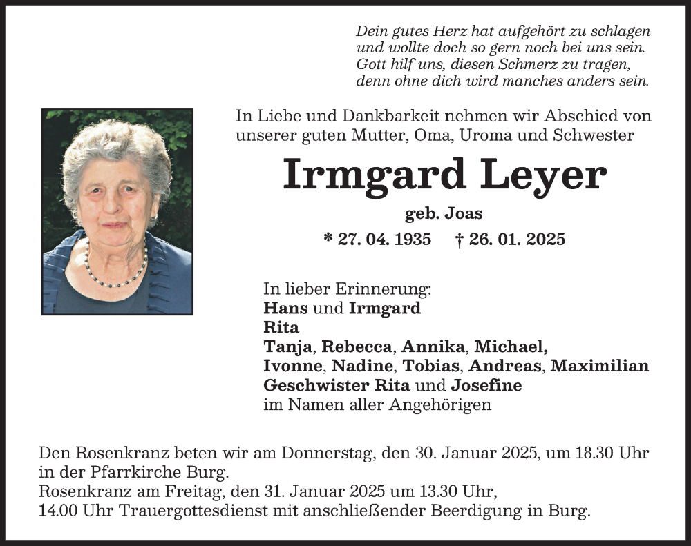 Traueranzeige von Irmgard Leyer von Mittelschwäbische Nachrichten