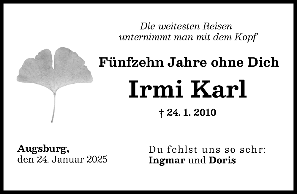  Traueranzeige für Irmi Karl vom 24.01.2025 aus Augsburger Allgemeine