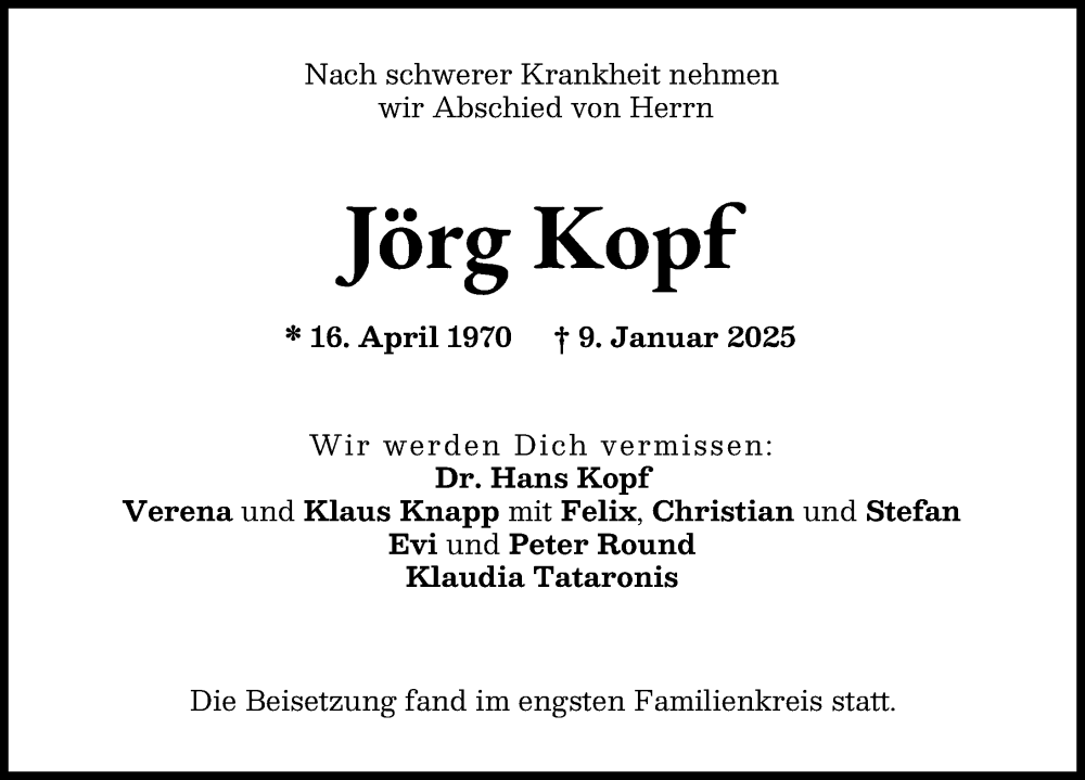 Traueranzeige von Jörg Kopf von Neuburger Rundschau