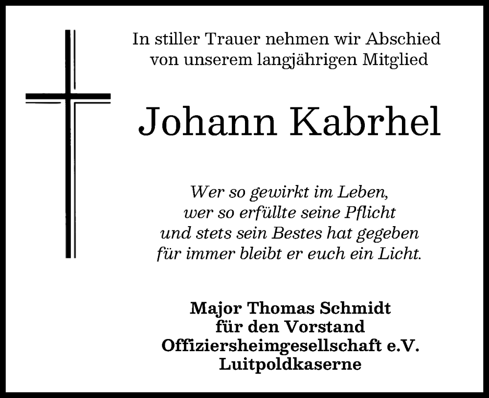 Traueranzeige von Johann Kabrhel von Donau Zeitung