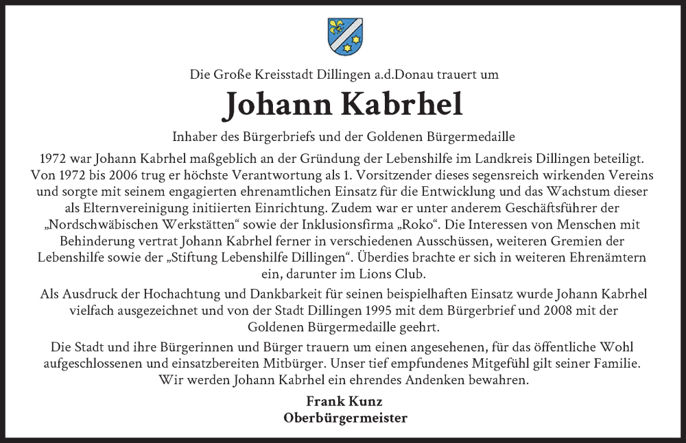  Traueranzeige für Johann Kabrhel vom 02.01.2025 aus Donau Zeitung