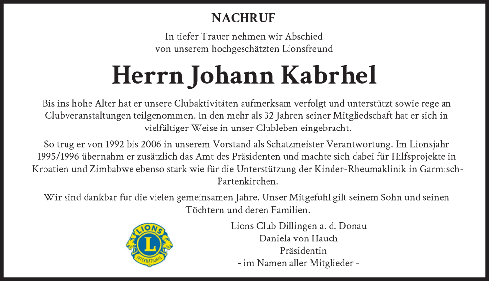  Traueranzeige für Johann Kabrhel vom 02.01.2025 aus Donau Zeitung