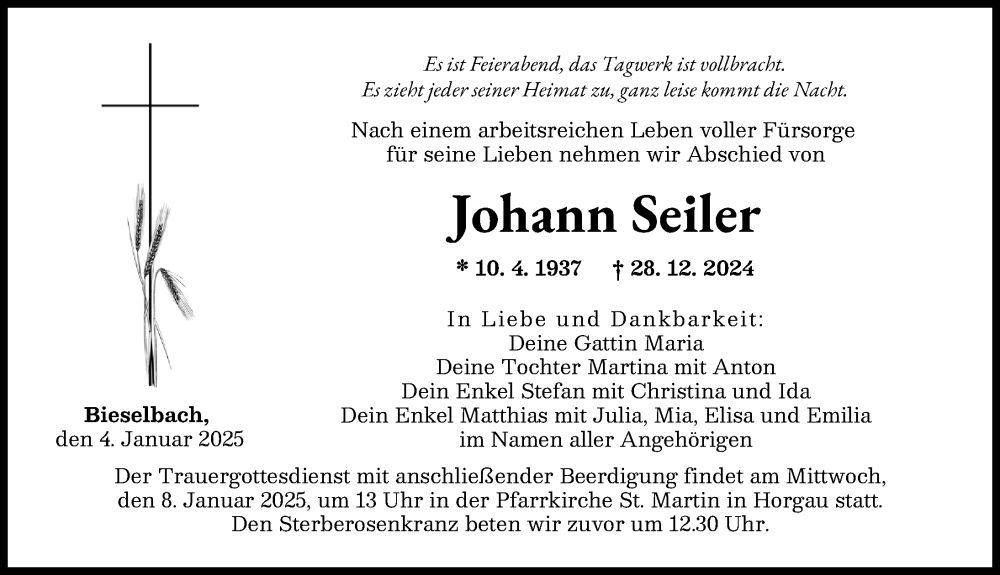 Traueranzeige von Johann Seiler von Augsburger Allgemeine